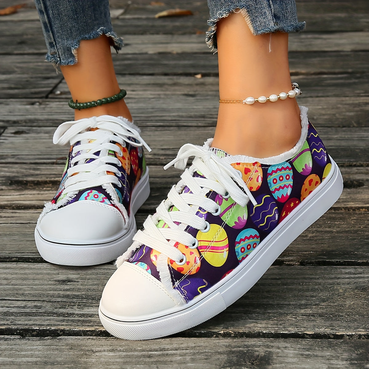 Easter Print Canvas Shoes, Casual Lace Up Low Top Sneakers